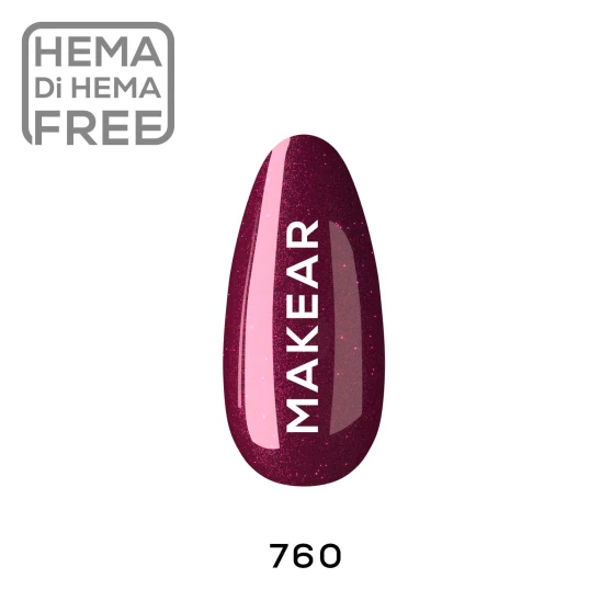 Individual nail-shaped colour swatch of Makear 760 Princess Shimmer Hybrid Gel Polish 8ml, clearly displaying shade number 760 and the actual pink-burgundy colour with fine light-reflecting shimmer particles. The sample is presented against a clean white background with Makear shade identification, allowing customers to assess the colour depth, pink-to-burgundy balance and decorative sparkling finish before choosing a professional UV/LED gel polish.