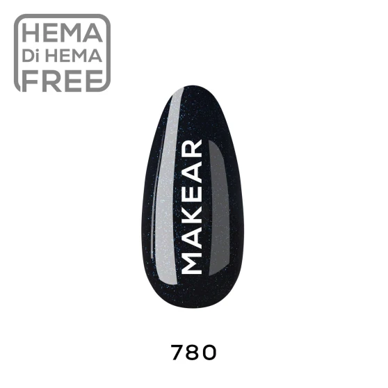 Individual nail-shaped colour swatch of Makear 780 Princess Shimmer Hybrid Gel Polish 8ml, clearly displaying shade number 780 and the actual dark colour with fine light-reflecting shimmer particles. The sample is photographed against a clean white background with clear Makear identification, allowing customers to examine the genuine colour depth, undertone and sparkling Princess finish before choosing a professional UV/LED gel polish.