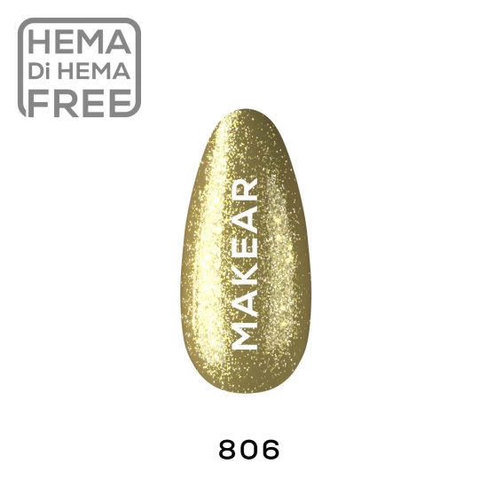 Individual nail-shaped colour swatch of Makear 806 Gold Premium Glitter Hybrid Gel Polish 8ml, clearly displaying shade number 806 and the genuine gold colour with visible decorative glitter or foil-style elements. The swatch is presented against a clean white background with Makear shade identification, allowing customers to examine the actual gold tone, glitter particle size, reflective finish and overall colour appearance before selecting this professional UV/LED gel polish.