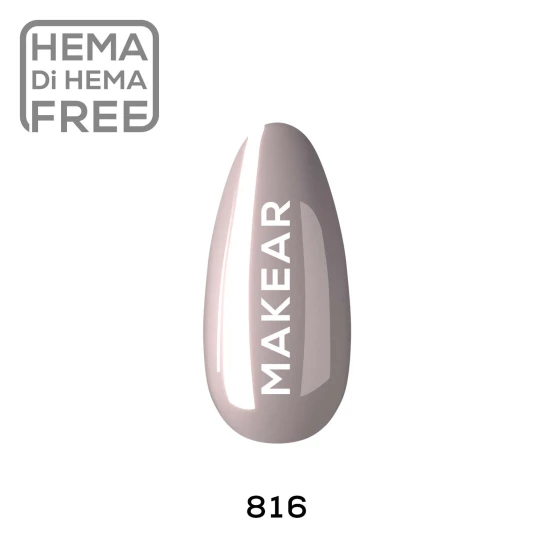 Individual nail-shaped colour swatch of Makear 816 Brown & Beige Hybrid Gel Polish 8ml, clearly displaying shade number 816 and the genuine neutral nail colour. The swatch is presented against a clean white background with clear Makear shade identification, allowing customers to assess the actual depth, undertone and uniform finish. The individual colour sample provides an accurate visual reference for elegant brown-and-beige manicures, neutral salon nail styling and seasonal autumn nail colours.