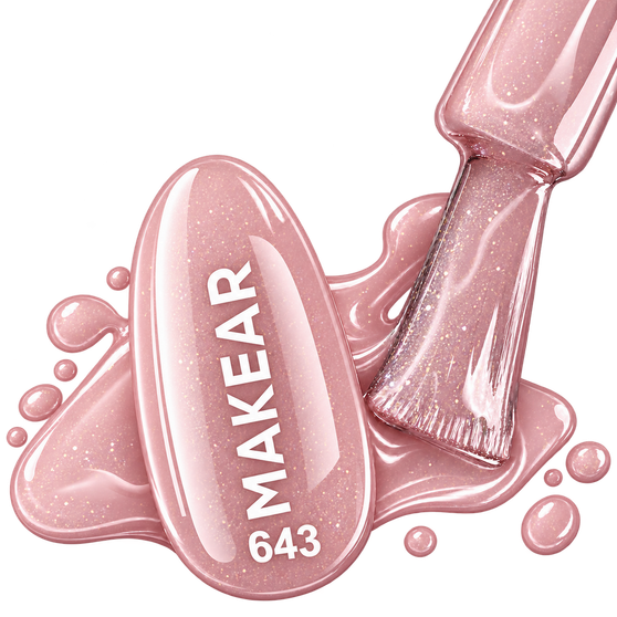 MAKEAR 643 sheer rosy pink shimmer gel polish colour swatch with brush and delicate sparkling pink lacquer