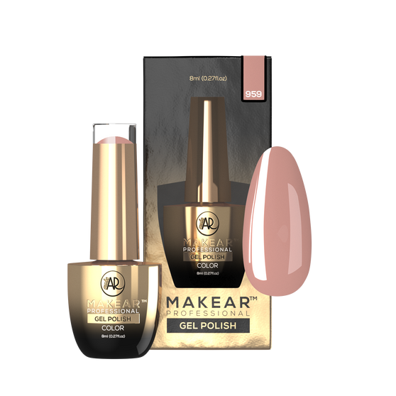 Makear 959 Friday UV Gel Polish – semi-transparent nude beige gel polish in 8ml bottle with branded packaging, ideal for everyday and elegant manicures.