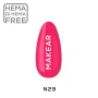 Makear N29 neon pink gel polish colour swatch with HEMA Di-HEMA Free icon, showing the bright pink shade for professional nail designs.