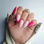 YOSHI GO SHAPE Gel No5 hot pink almond manicure with flower dots