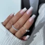 YOSHI Shimmer Top Silver long square French nails with silver shimmer