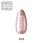 Makear 559 Hybrid Gel Polish 8ml colour swatch featuring a muted dusty pink shade with fine, light-reflecting shimmer particles and a sparkling finish. The image displays an almond-shaped nail sample with Makear branding, shade number 559 and the manufacturer's HEMA and Di-HEMA Free marking against a clean white background.