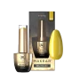 Makear 585 Regular Hybrid Gel Polish 8ml displayed with its original branded bottle, black and gold packaging and matching bright yellow nail colour swatch. The image highlights shade number 585 and the professional Makear Regular Collection presentation.