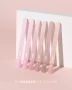 Makear Gimme 640 Collection colour comparison featuring six nail swatches labelled 641, 642, 643, 644, 645 and 646. The image showcases delicate pastel pink, powder pink, rosy nude and beige tones with fine shimmering particles and a soft pearlescent finish. Makear 641 appears as a very light, cool-toned pastel pink with subtle iridescent shimmer. The swatches are displayed against an elegant blush pink background, highlighting the differences between the six shades.