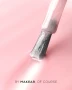 Makear Gimme 640 Collection colour comparison featuring six nail swatches labelled 641, 642, 643, 644, 645 and 646. The photograph showcases delicate pastel pink, peach pink, rosy nude and beige shades with fine shimmering particles. Makear 642 appears as a soft, light pink shade with a warm peach undertone, displayed against an elegant blush pink background.