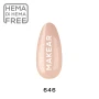 Makear 646 Gimme 640 Hybrid Gel Polish individual colour swatch displaying shade number 646 in a delicate light peach beige nude colour with fine pearlescent shimmering particles. The nail-shaped sample showcases the semi-transparent nude shade with a soft illuminated finish and Makear branding against a clean white background.