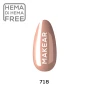 Makear 718 Hybrid Gel Polish individual nail colour swatch displaying shade number 718 in a beige colour from the warm neutral family. The nail-shaped sample presents the Makear gel polish shade and branding against a clean white background, providing customers with a clear visual reference for professional UV/LED manicures.