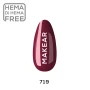 Makear 719 Hybrid Gel Polish individual nail colour swatch displaying shade number 719 from the burgundy and pink colour families. The nail-shaped sample showcases the rich red-pink colour against a clean white background with Makear branding, providing a clear visual reference for professional UV/LED manicures.