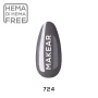 Makear 724 Hybrid Gel Polish individual nail colour swatch displaying shade number 724 in a grey colour. The nail-shaped sample showcases the shade alongside Makear branding against a clean white background, providing a clear visual reference for professional UV/LED gel manicures and contemporary grey nail styling.
