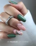 Elegant professional manicure featuring neatly shaped nails painted in a coordinated green gel polish colour with smooth, even coverage and a glossy surface. The sophisticated full-colour design is inspired by Makear 746 Hybrid Gel Polish and illustrates contemporary everyday styling, elegant green nails and professional salon manicure techniques.