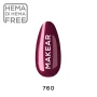 Individual nail-shaped colour swatch of Makear 760 Princess Shimmer Hybrid Gel Polish 8ml, clearly displaying shade number 760 and the actual pink-burgundy colour with fine light-reflecting shimmer particles. The sample is presented against a clean white background with Makear shade identification, allowing customers to assess the colour depth, pink-to-burgundy balance and decorative sparkling finish before choosing a professional UV/LED gel polish.