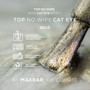 Close-up of Makear Cat Eye Gold Top No Wipe bottle and golden gel texture – high-shine magnetic gel top coat with gold shimmer particles.
