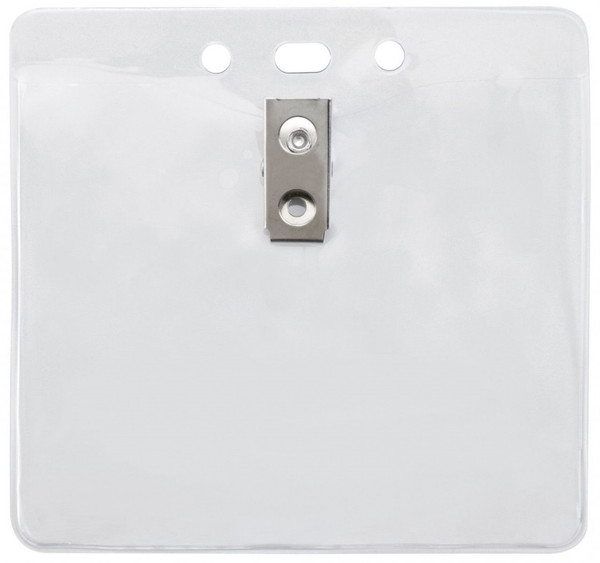 Clear Vinyl Horizontal Badge Holder with Clip and Slot and Chain Holes, 4" x 3.3" (100/pk)