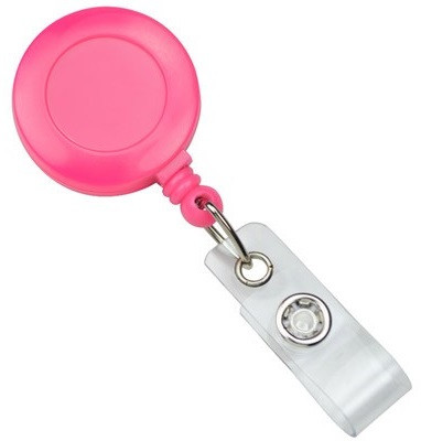 Neon Pink Round Badge Reel with Slide-Type Belt Clip and Clear Vinyl Strap (25/pk)