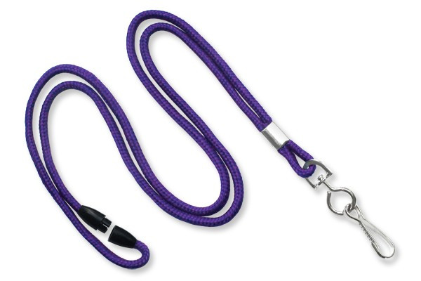 Purple 1/8" Black Round Braided Breakaway Lanyard, Swivel Hook (100/pk)