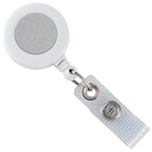 White Badge Reel with Silver Sticker, Reinforced Vinyl Strap & Belt Clip (25/pk)