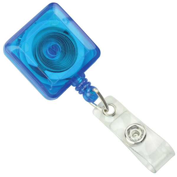 Translucent Blue Square Badge Reel with Clear Vinyl Strap & Spring Clip (25/pk)