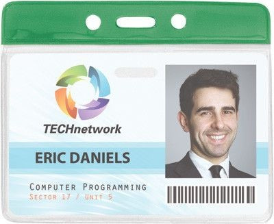 Clear Vinyl Horizontal Badge Holder with Green Color Bar, 3.85" x 2.68" (100/pk)
