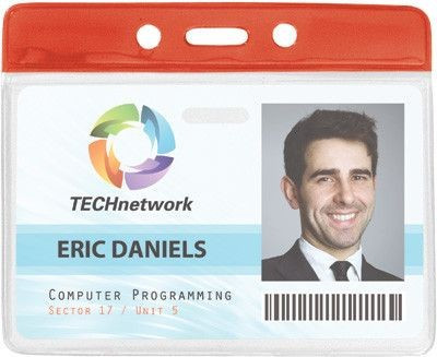 Clear Vinyl Horizontal Badge Holder with Red Color Bar, 3.85" x 2.68" (100/pk)