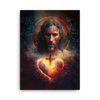 Angled view of Sacred Heart canvas with mounting brackets, ready for easy wall display in home or prayer space.