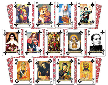 Holy Playing Cards® deck featuring vibrant artwork of saints and reverent images of Christ on premium cards.