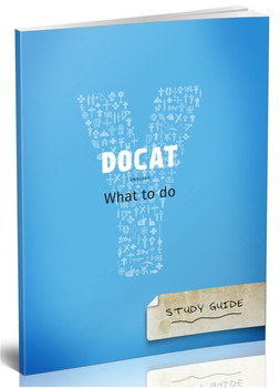 DOCAT Study Guide open to colorful, modern pages designed for group reflection and discussion on Catholic Social Teaching.