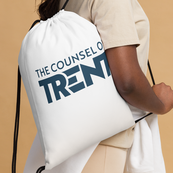 Counsel of Trent drawstring bag, showing durable polyester fabric, roomy interior, and classic Catholic design.