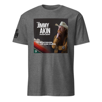 Jimmy Akin Podcast Mysteries of the Faith t-shirt featuring a clean, bold design for Catholic apologetics fans.