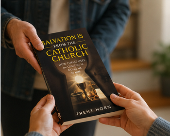 One person giving the book Salvation Is from the Catholic Church to a friend, with the front cover clearly visible during the exchange.