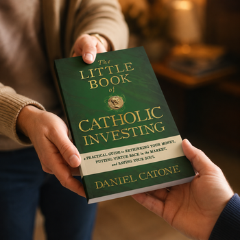 One adult gives The Little Book of Catholic Investing to another person, with the front cover visible.