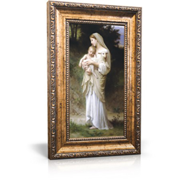 Canvas print of L’Innocence showing the Blessed Virgin holding Jesus and a lamb, with scratch-resistant, fade-proof finish.