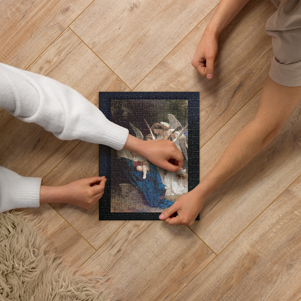 Puzzle featuring Virgin Mary, baby Jesus, and three angels in ethereal, peaceful detail.