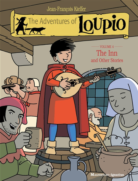 Cover of The Adventures of Loupio, Volume 4, showing Loupio, St. Francis, and a tamed wolf on a plain white background.