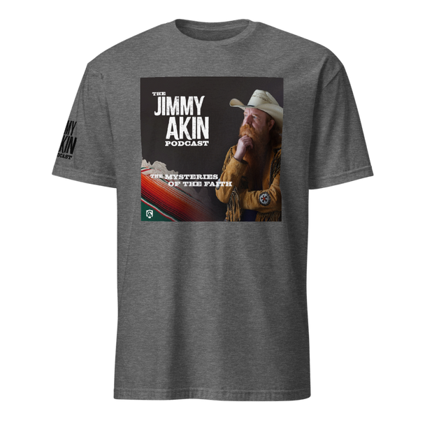 Jimmy Akin Podcast Mysteries of the Faith t-shirt featuring a clean, bold design for Catholic apologetics fans.