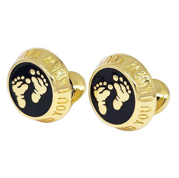 Gold plated cuff links with tiny baby feet and Scripture from Jeremiah 1:5 encircling the design.