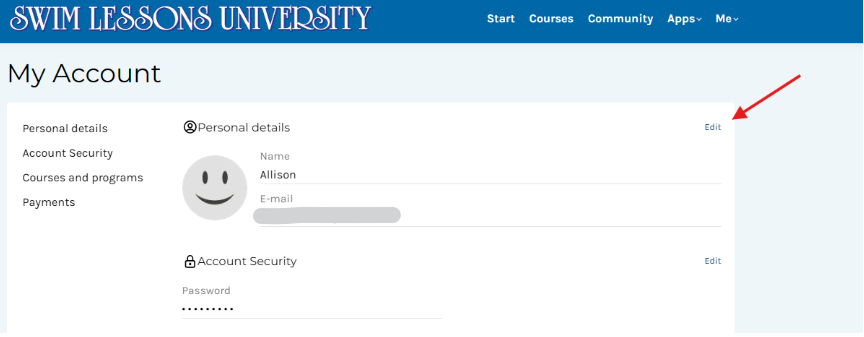 Screenshot showing how to edit personal details on the LearnWorlds account page.