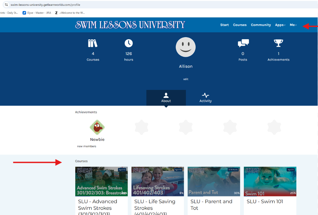 Screenshot showing the steps to navigate to your courses.