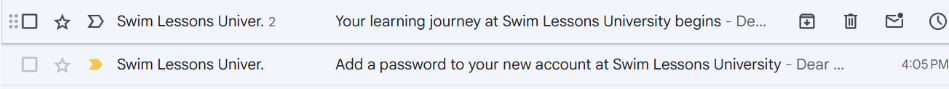 Screenshot of an email inbox showing an email from Swim Lessons University to activate your account.