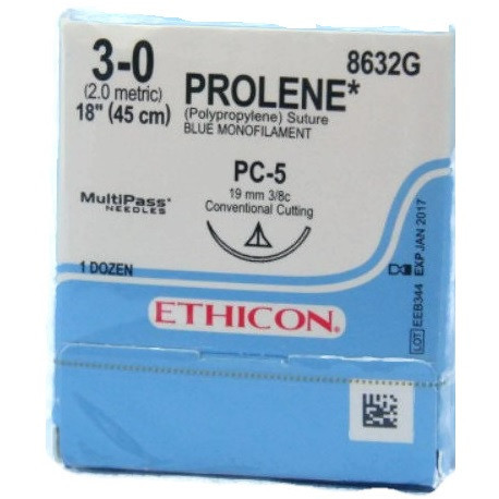 Ethicon 3-0 x 18" Prolene Polypropylene Suture with PC-5 Needle - 12/Box