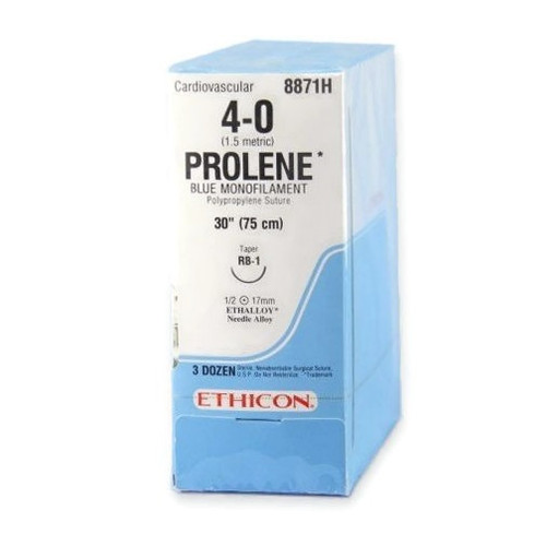 Ethicon 4-0 x 30" Blue Polypropylene Monofilament Sutures with RB-1 Needle - 36/Box