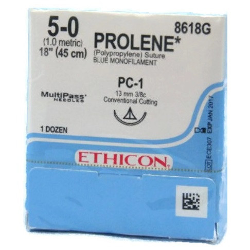 5-0 x 18" Prolene Blue Polypropylene Monofilament Sutures with PC-1 Needle - 12/Box