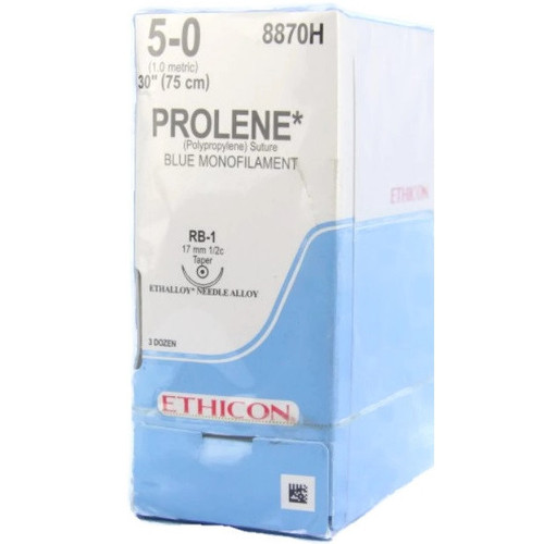 5-0 x 30" Prolene Blue Polypropylene Monofilament Sutures with RB-1 Needle - 36/Box