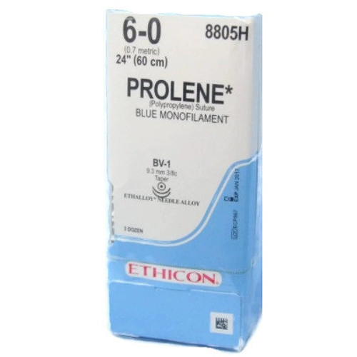 6-0 x 24" Prolene Blue Polypropylene Monofilament Sutures with BV-1 Needle & BV-1 Needle - 36/Box