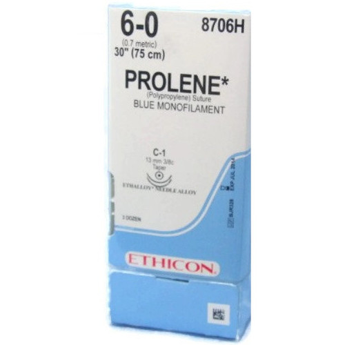 6-0 x 30" Prolene Blue Polypropylene Monofilament Sutures with C-1 & C-1 Needles - 36/Box