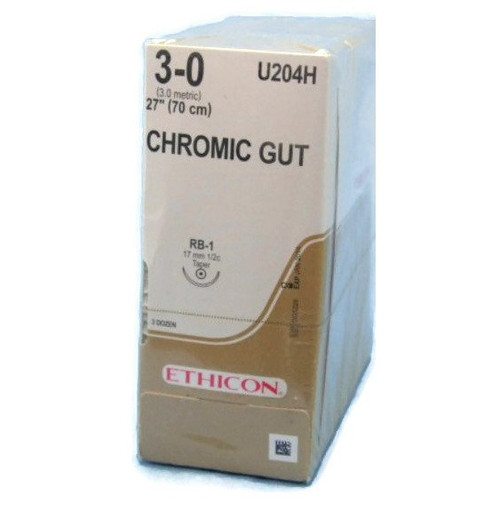 Ethicon 3-0 x 27" Chromic Gut Suture with RB-1 Needle - 36/Box