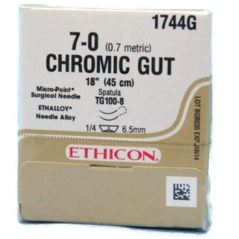 Ethicon 7-0 x 18" Chromic Gut Suture with TG100-8 & TG100-8 Needles - 12/Box